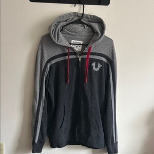 True Religion Big T Slub Charcoal/Light Gray Full Zip Red Drawstring Hoodie ..L